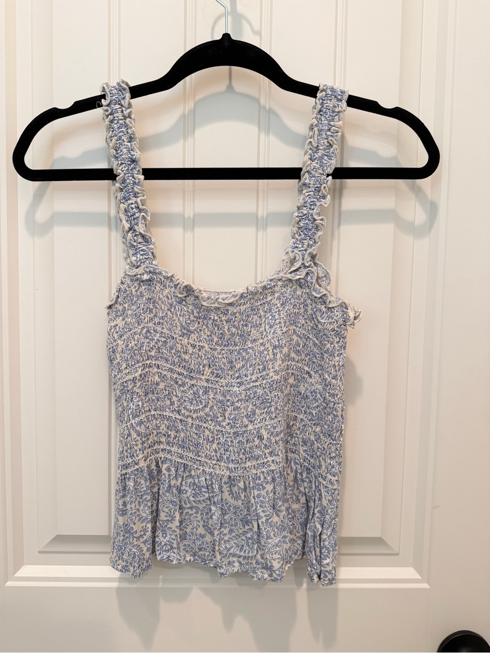 Patrons of Peace Blue and White Smocked Ruffle Strap Camisole